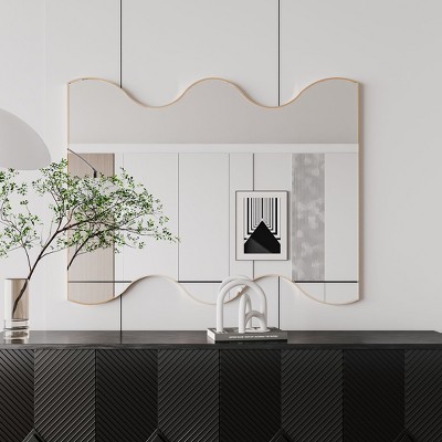 CAVINAS Novelty Wall Mirrors with 2 Wavy Sides Metal Framed,Decorative Dressing Wall-Mounted Decor Mirror for Bathroom,Bedroom