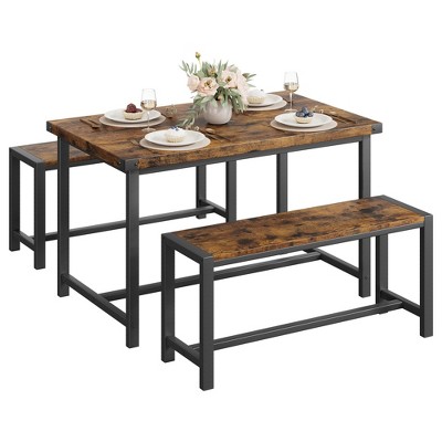 Dining Table Set for 4, Kitchen Table with Benches, Rectangular Dining Room Table Set with 2 Metal Wood Benches, for Small Space, Apartment, Studio