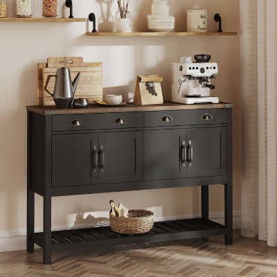 ORRD 47" Modern Farmhouse Console Table with 2 Drawers & 4 Doors, Slatted Shelf Storage Cabinet for Entryway, Living Room & Kitchen（White）
