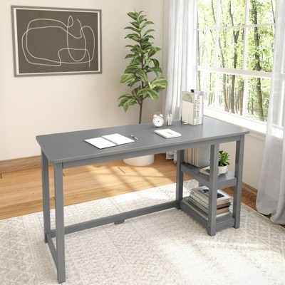 Plank+Beam Solid Wood Desk with Bookshelves for Computer, Gaming, Study, Desk for Home Office, 55"