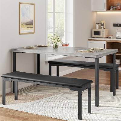 3-Piece Retro Brown Dining Set | Rectangular Table + 2 Upholstered Benches (Seats 4) | Chamfered Metal Frame for Small Kitchens/Apartments