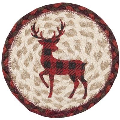 Earth Rugs Red Plaid Deer Round Coaster – 7"x7" Braided Jute, Rustic Lodge Design, Hand-Stenciled Winter Accent