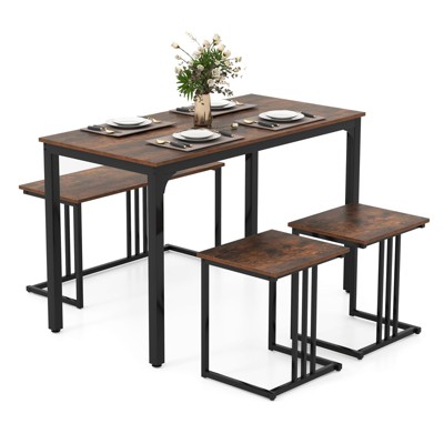 Tangkula 4-Piece Dining Table Set Industrial Kitchen Table Set w/ Bench & 2 Stools for 4