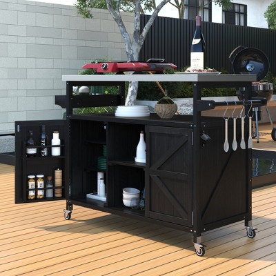 Kitchen Island, Rolling Bar Cart & Storage Cabinet, Farmhouse Grill Table w/ Stainless Steel Top and Racks for Kitchen & BBQ - ModernLuxe