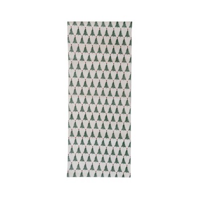 Storied Home Stonewashed Cotton Printed Table Runner with Christmas Tree Pattern, Natural, Green and Red