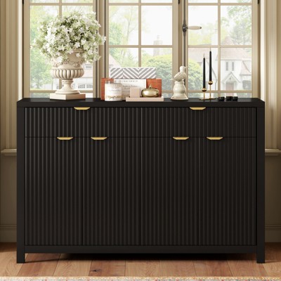 FONTOI Wave-Pattern Sideboard Cabinet with 2 Drawers&4 Doors&3-Level Adjustable Shelves, Scandinavian Style Cabinet, Black, 15.7"*35.8"*55.1"