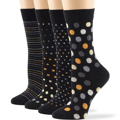 Women Cotton Calf Patterned Socks - 4 Pack - Striped, Dot, Geometric - M/L - Black, Brown, Navy | 7BIGSTARS KINGDOM