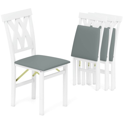 Costway Folding Kitchen Chairs Set of 2/4 with Rubber Wood Frame Padded Seat with PVC Leather White/Brown