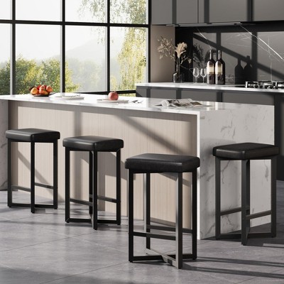 Bar Stools Set of 4, 24.6" Counter Height Barstools with 2.2" Thick PU Leather Seat, Metal Frame & Footrest, Modern Counter Stools for Kitchen
