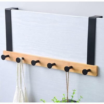 Home Mart Goods Heavy Duty Natural Bamboo Wood Matte Black Over The Door Hanger Hanging Rack 6 Hooks Organizer