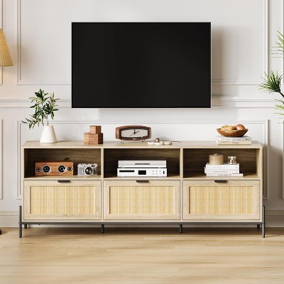 TV Stand for 75 inch TV, Entertainment Center with Storage, 65 Inch TV Console Table with 3 Drawers, Rattan Media Console Cabinet with Metal Legs