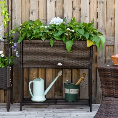Okak Rattan Look 27.5" Raised Garden Bed with Tool Storage Shelf Foldable & Portable Elevated Planter Box for Vegetables, Herbs, Flowers,Balcony Patio
