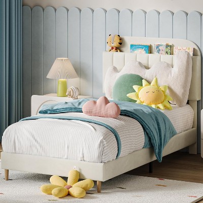 Velvet Bookcase Bed Frame – Twin/Twin XL/Full Kids Platform Bed w/ Storage Headboard, Heavy-Duty Steel Frame