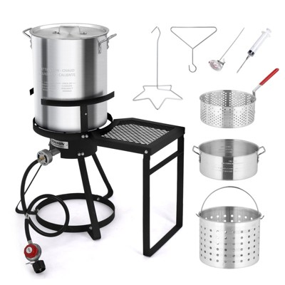 ROVSUN 30QT Turkey Fryer & 10QT Fish Fryer Kit with 55,000BTU Propane Stove & Shelf, Aluminum Outdoor Deep Fryer & Seafood Boiler Steamer with Baskets