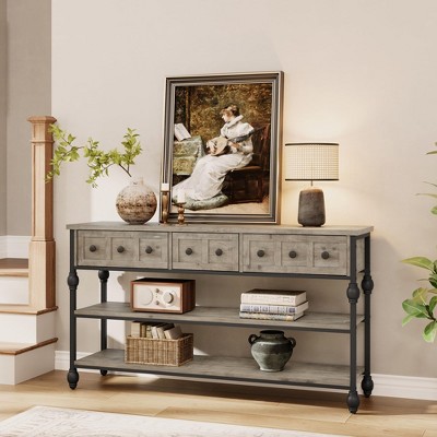 52" Console Table, Entryway Table with 3 Storage Drawers, 3 Tier Industrial Metal Sofa Table