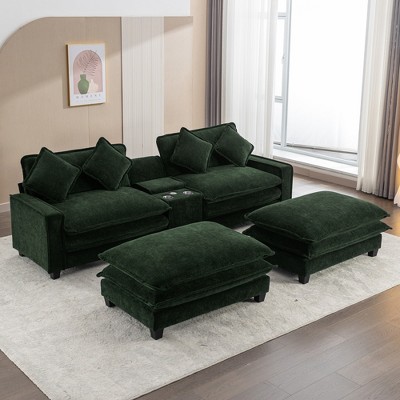 111" Sectional Sofa with 2 Removable Ottoman, Chenille Upholstered Sofa with 2 USB Ports, 2 Cup Holders and Large Storage Box 4A - ModernLuxe
