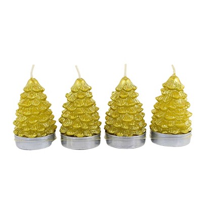 Tag 2.5 Inch Fir Tree Tealights Set/4 Christmas Flame Candle Set , Gold Boxed Set (4PC)
