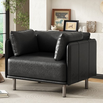 39" Vintage Faux Leather Lounge Chair for Living Room Bedroom,Deep Seat Upholstered Accent Armchair,Home Office Comfy Reading Chair-Coolbibila