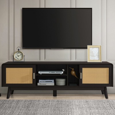 ORRD 63" Dark Rattan TV Stand, Media Console with 2 Cabinets, Solid Wood Legs, Fits 65" TV