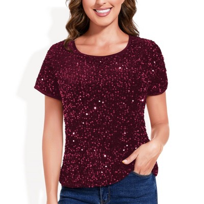 Anna-Kaci Women's Short Sleeve Crew Neck All-Over Sequin Embellished Fashion Style Top Stylish Sparkling Blouse