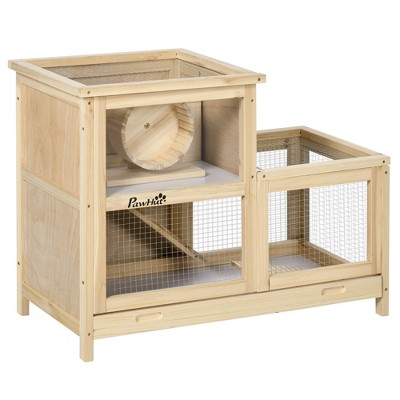 PawHut Extra Large Wooden Hamster Cage W/ Sliding Tray, Seesaw, Small Animal Habitat with Openable Roof, Wide Ramp for Racing, Running Wheel, Natural
