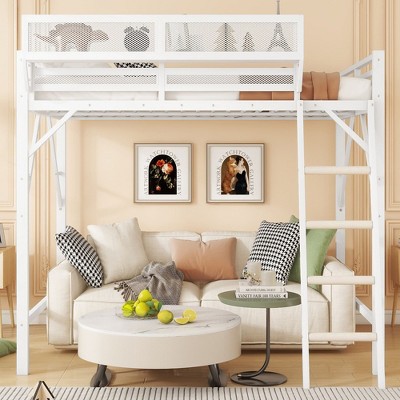 Sapphtopaz Metal Loft Bed with Storage Shelves,High Bed Frame with Ladder & Guardrail,Space-Saving Loft Bed Frame for Adults&Teen
