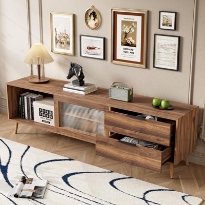 Modern 70" TV Stand for 75"+ TV, Console with 2 Glass Doors, 2 Drawers & Storage Cabinet, Media Center for Living Room or Bedroom.