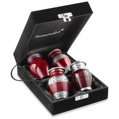Reminded Small Cremation Keepsake Urns for Human Ashes, Set of 4 Silver Miniature Urns with Velvet Case and Bags