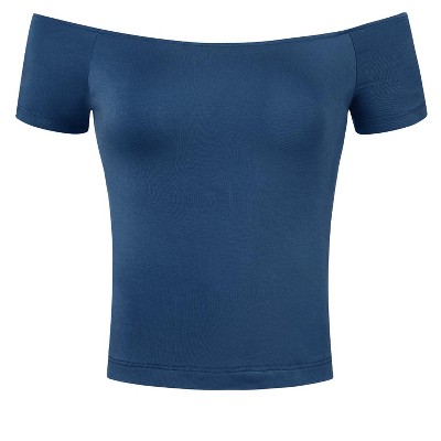 INSPIRE CHIC Women's Short Sleeves Off The Shoulder Stretchy Fabric Solid Crop Top