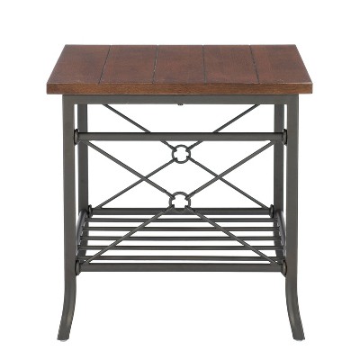 Powell Richie 3pc Coffee and Side Table Set Dark Bronze Finish Metal and Chestnut Vaneer Top: Rectangle Living Room Furniture Set
