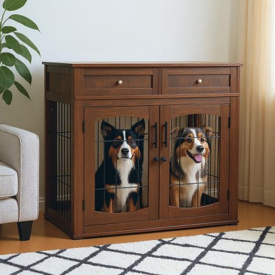 3-Doors Dog Crate Furniture, with 2 Drawers