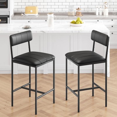 Modern Faux Leather Bar Stools Chairs Set of 2, Counter Height Kitchen Chair with Backrest and Footrest, Easy Clean, for Small Spaces