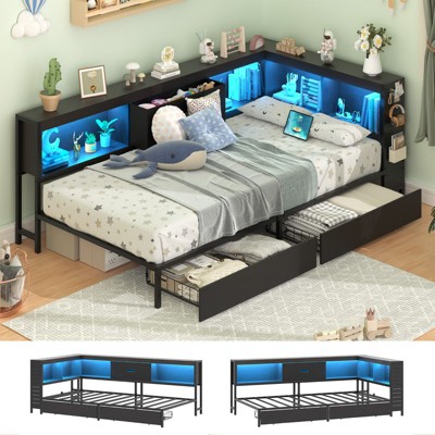 Lusimo Twin Corner Bed Frame with Storage Drawers, Charging Station & Shelves, L-Shaped Daybed for Teens