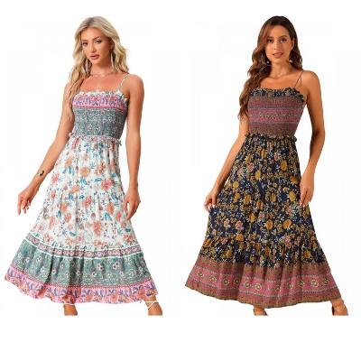 INSPIRE CHIC Women's Summer Spaghetti Strap A-Line Flowy Smocked Midi Boho Floral Sundresses 2 Packs