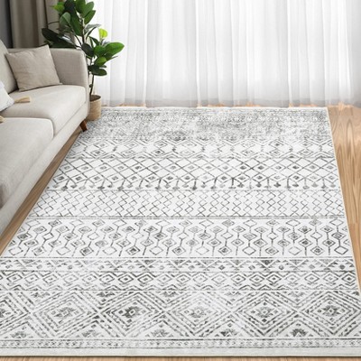 Washable Farmhouse Living Room Bedroom Rugs, Low Pile Geometric Print Dining Room Carpet, Non Slip Stain Resistant Mat for Office