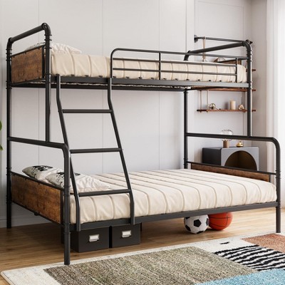Metal Bunk Bed Twin Over Full Size with Angled Ladder, High Guardrail,Heavy Duty Bunk Bed Frame with Metal Slats, Smooth Rounded Edges, for Kids,Teens