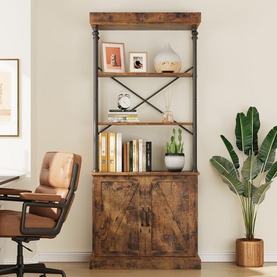 Tall Bookshelf with Doors - 74 In Industrial Storage Open Rack Shelf, Wood and Metal Bookcase, Farmhouse Style, Large Vintage Display Rack, Home