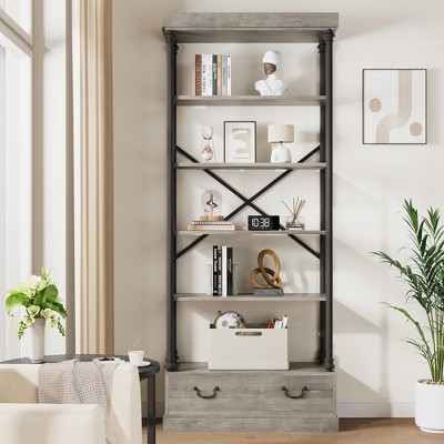 81.3" Tall Bookcase - 5 Tier Bookshelf with Drawers, Vintage Metal Frame, Display Shelf, Storage for Home Office, Living Room, Bedroom, Bathroom