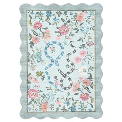 Washable Scalloped Living Room Rugs, Floral Snake Print Farmhouse Bedroom Carpet, Non Slip Low Pile Dining Room Rugs