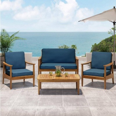 4-Piece Wood Patio Conversation Set with Cushioned, Outdoor Seating for Patio, Deck, Backyard, or Porch-The Pop Home