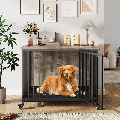 39" Rolling Dog Crate Furniture with Removable Tray, Heavy Duty Wooden Pet Kennel on Wheels, Indoor Decorative End Table for Small to Large Dogs
