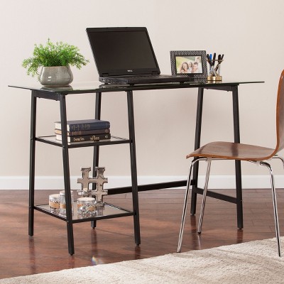 NicBex Computer Desk Reading Table with 2 Open Shelves&Tempered Glass Top,Minimalist Home Office Desk for Study&Office,Home Workstation,Black