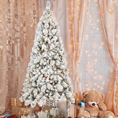 9FT Flocked Christmas Tree with 750 Warm White LED Lights,1964 Tips, Snowy PVC & Hard Needle Branches,Sturdy Metal Stand,Full & Realistic Holiday Tree