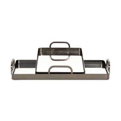 HomeRoots Set of Two Pewter Aluminum And Mirrored Glass Handmade Serving Trays