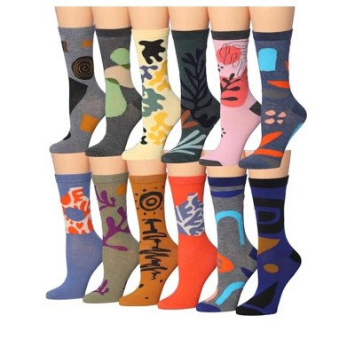 Tipi Toe Women's 12 Pairs Diverse Abstract Expressions Grey Yellow Pink Blue Brown Lightweight Crew Socks