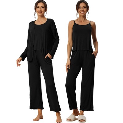 cheibear Womens Modal Knit Soft Long Sleeve Cardigan Cami and Pants Pajama Set 3 Pcs