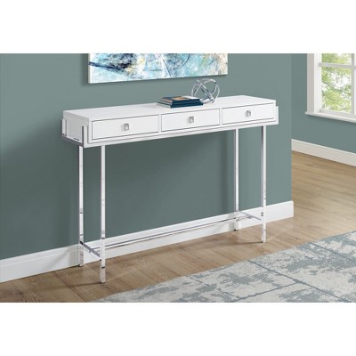 Laminate Console Table with Chrome Metal Base, 3 Storage Drawers, Modern Entryway or Sofa Table