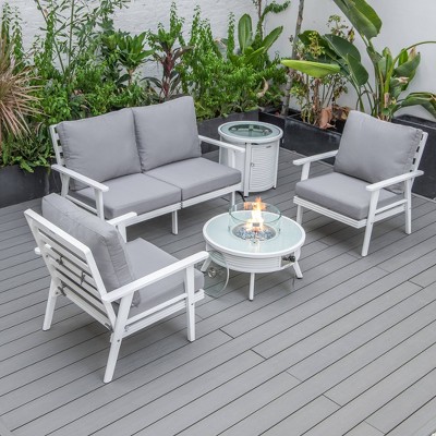LeisureMod Walbrooke 4-Piece Outdoor Patio Conversation Set – White Trim Fire Pit Table with Cushioned Ottoman for Patio, Deck, Balcony & Backyard