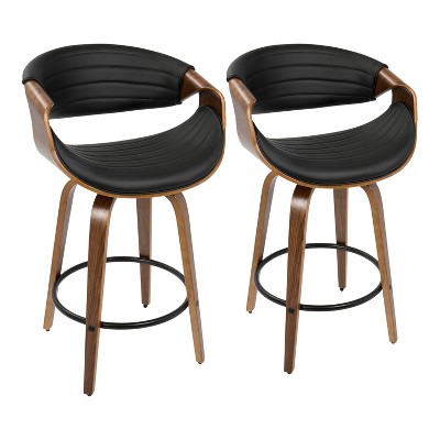 Set of 2 Symphony Mid Century Modern Counter Height Barstool Faux Leather Walnut/Black - LumiSource: Swivel, Wood & Metal Frame, 250lb Capacity