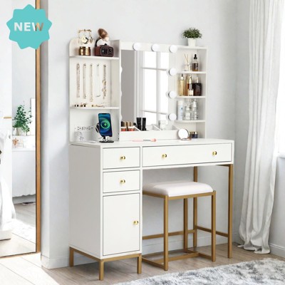 Jojoka Vanity Desk with Mirror & Stool, 3 Lighting Modes, LED Bulbs, Built-in Charging Station,Makeup Vanity Table with Drawers,Shelves,Jewelry Hooks